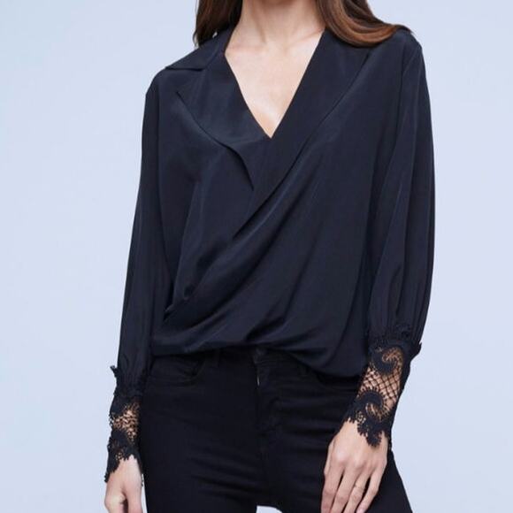 L'Agence Black Silk Joah Surplice Lace Cuff Blouse - Picture 1 of 10